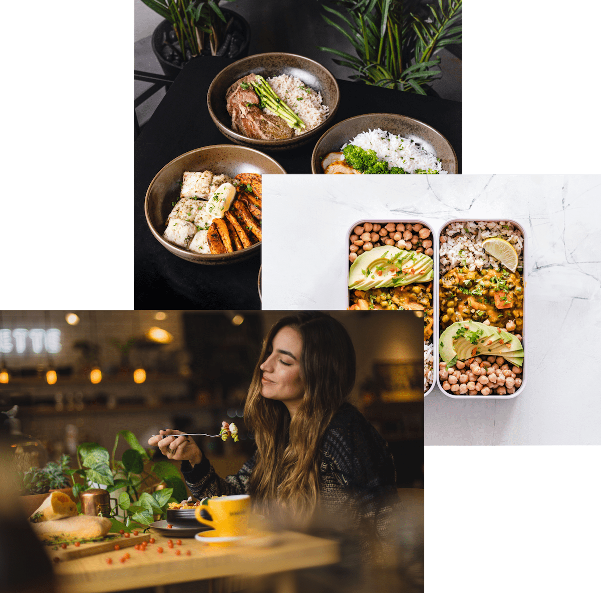 Woman enjoying dinner, meals, in storage containers, and
food bowls on a table